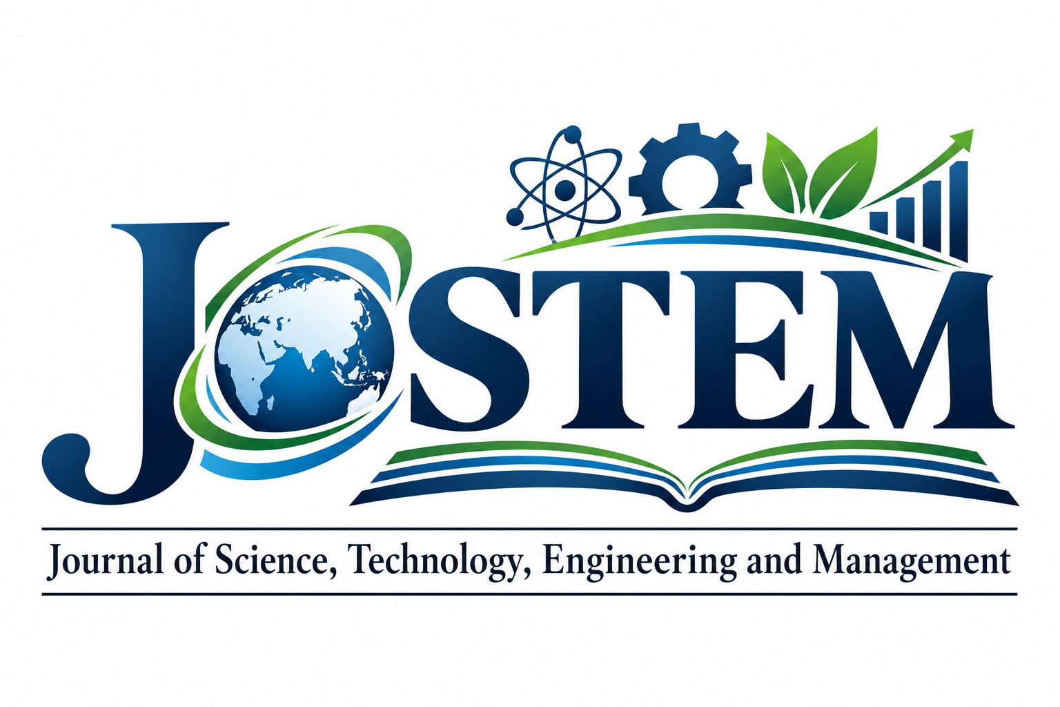 Logo of the Journal of Science, Technology, Engineering and Management (JOSTEM), featuring bold navy-blue lettering with a blue globe forming the letter “O.” The design incorporates an atom, engineering gear, green leaves, upward-trending bar chart, and open book, symbolizing scientific research, technological innovation, engineering excellence, sustainability, management, and academic knowledge. The full journal name appears beneath the logo in navy-blue text on a white background.
